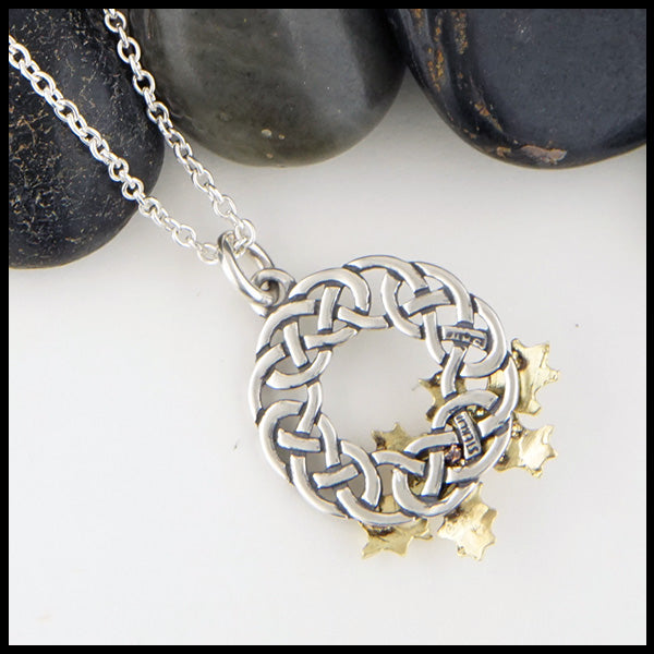 Reverse view of Josephine's Knot Celtic Wreath with Holly in Sterling Silver, 14K Rose Gold, and 18K Yellow Gold