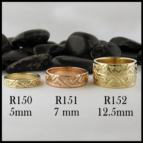 Item Numbers and width measurements for three variations of Key Pattern rings