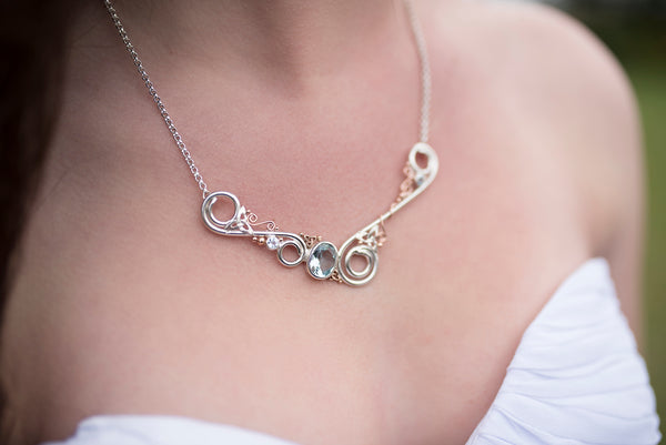 Aquamarine & Spiral Custom Bar Pendant in Silver and Gold