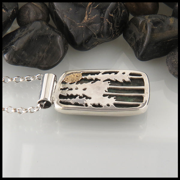 Pine Tree Pendant in Silver with 14K Gold Moon