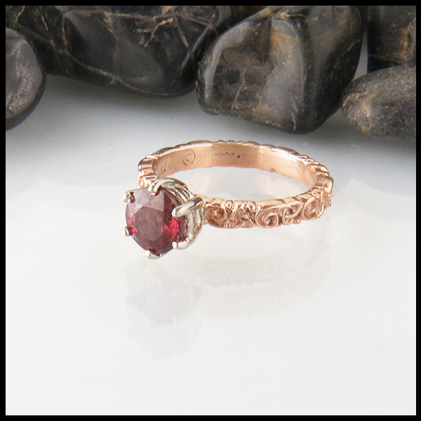 Rhodolite Garnet Trinity Scroll Ring in Rose Gold