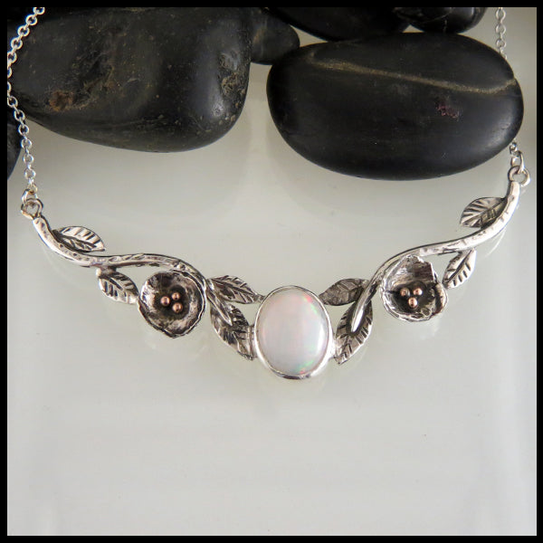 Sterling Silver Floral Bar Pendant with White Opal