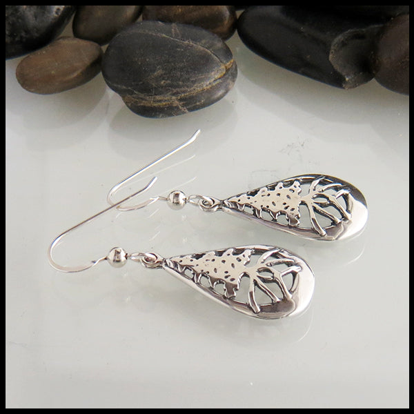 Rustic Pine Tree teardrop earrings by Walker Metalsmiths