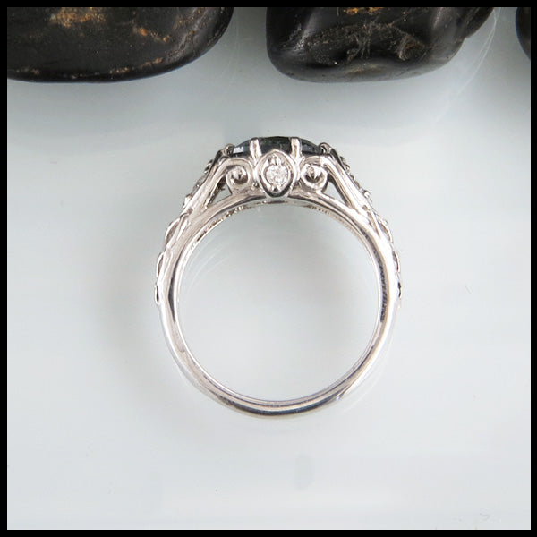 Profile view of Blue Green Oval Sapphire Ring in 14K White Gold