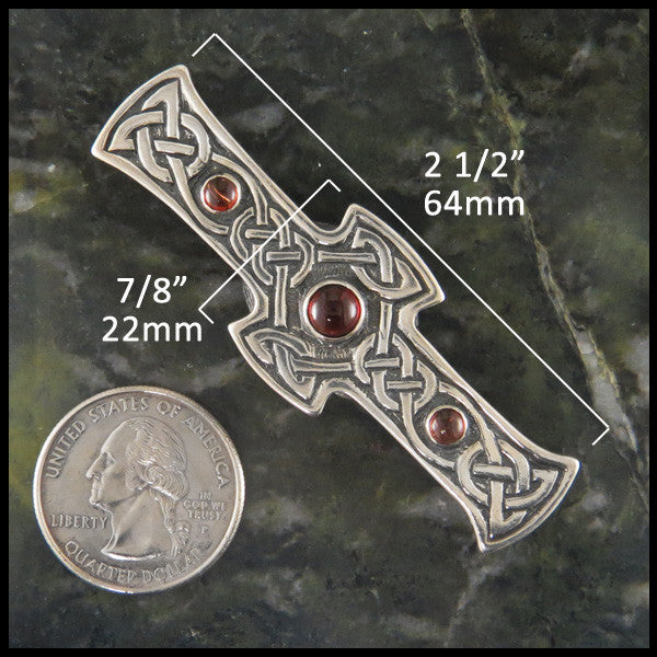 Sterling Silver Lapel Kilt Pin with Garnet measures 2 1/2" by 7/8"