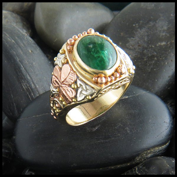 trigold emerald cabochon spiral shamrock triquetra rose white yellow green irish celtic ring 