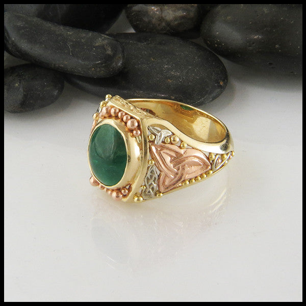trigold emerald cabochon spiral shamrock triquetra rose white yellow green irish celtic ring 