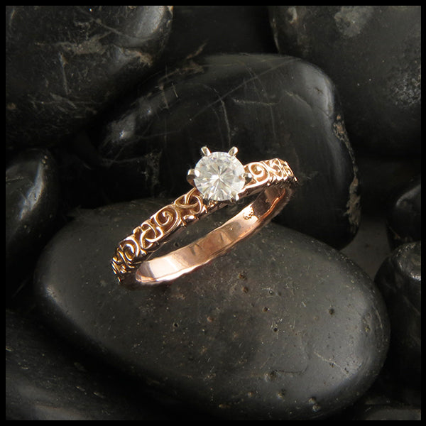 Celtic Trinity Scroll Moissanite Engagement Ring in 14K Rose Gold