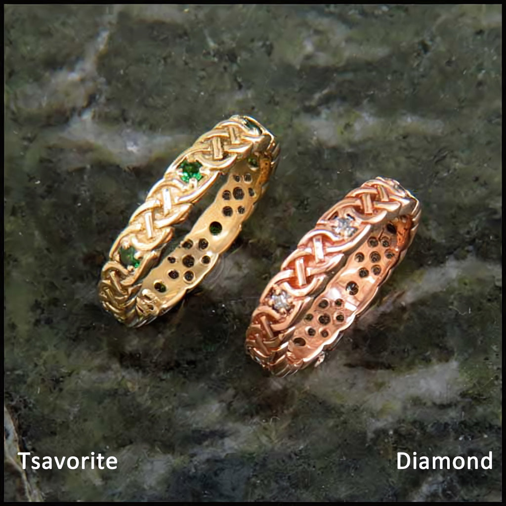 Josephine's Knot Wedding Band, Stacking Ring with Diamond and Tsavorite