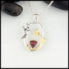 Sterling Silver and  14KY Gold Hummingbird pendant with Raspberry Tourmaline