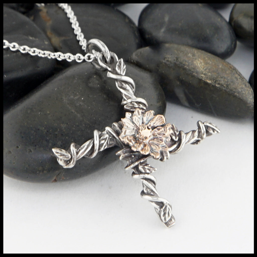 Large St. Brigid's Flower Cross in silver with 14K Rose flower